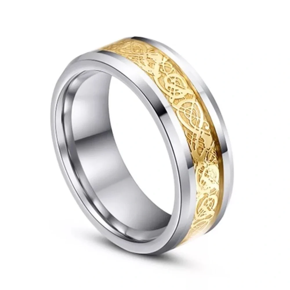 Silver Tungsten Gold Dragon Carbon Fiber Inlay 8mm Wide Beveled Edge Band Ring